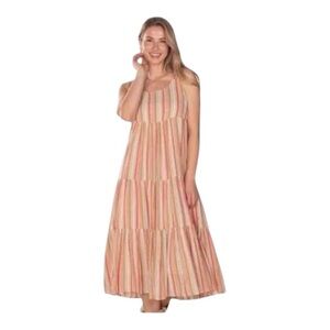 Linda Anderson Striped Square Neck Smocked Back Gold Shimmer Sundress Size Large